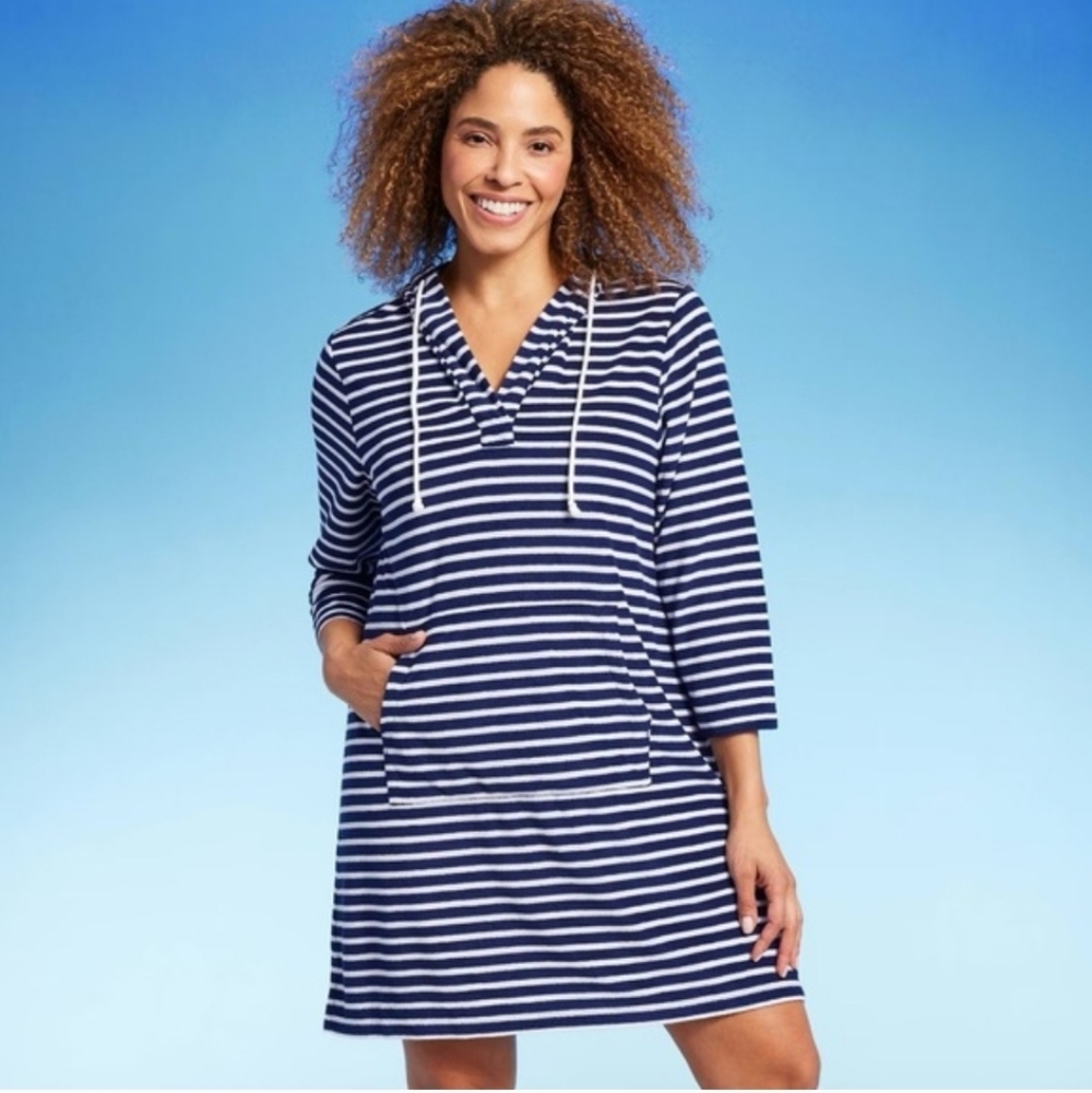 Lands' End V-neck Terry Hooded Swimsuit Cover up Striped Dress